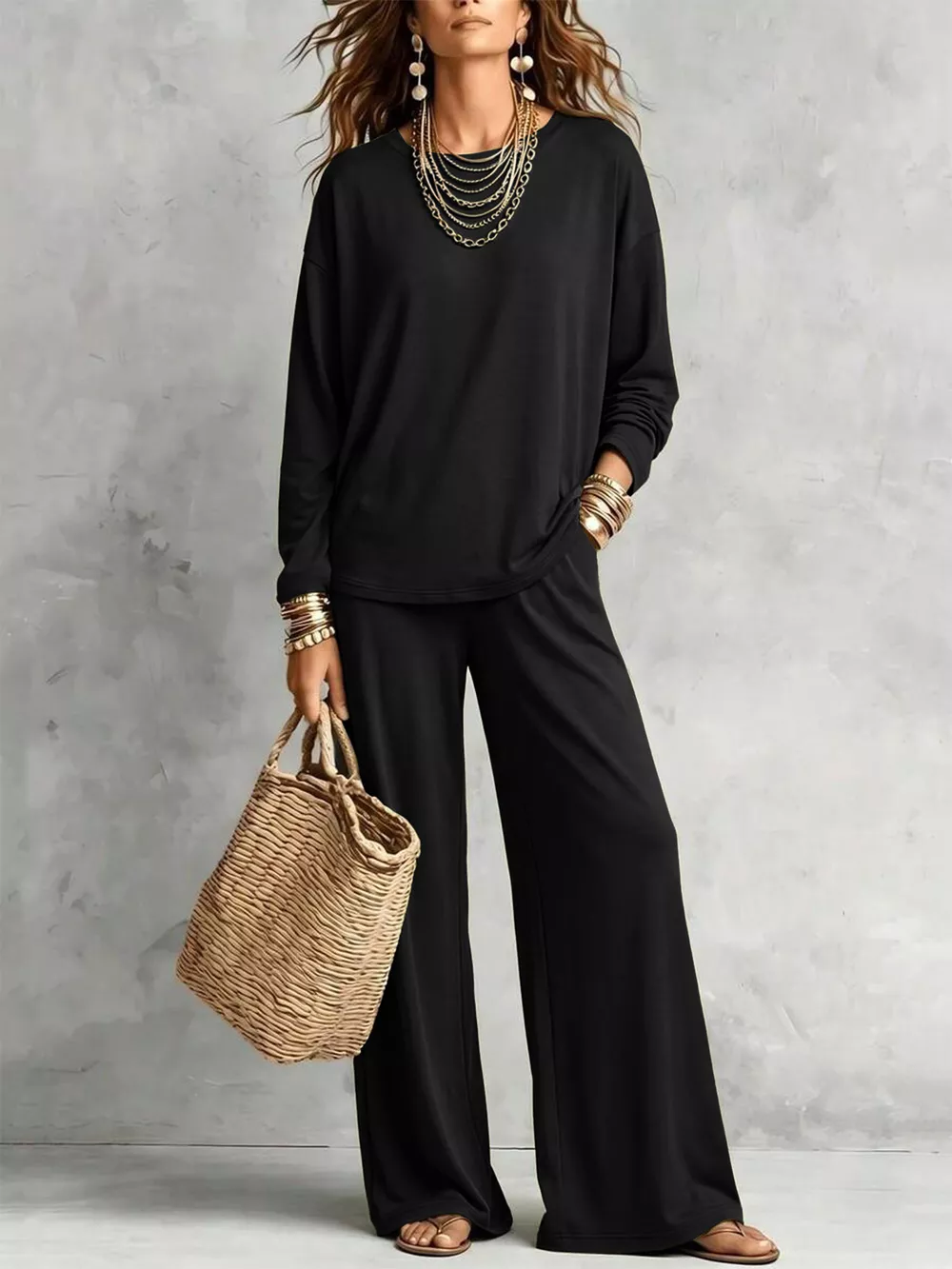 Round Neck T-Shirt and Wide-Leg Pants Set, image 9