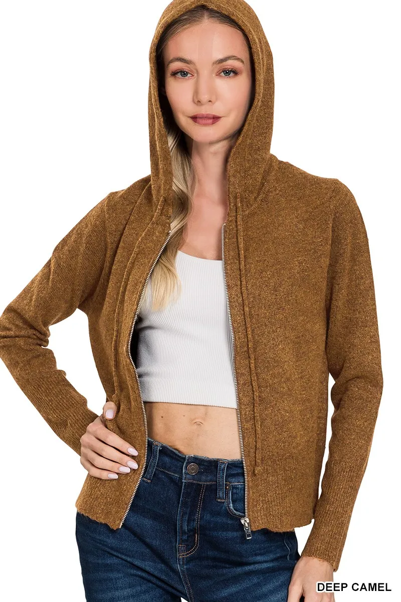 Drawstring Zip Up Hooded Cardigan, image 3