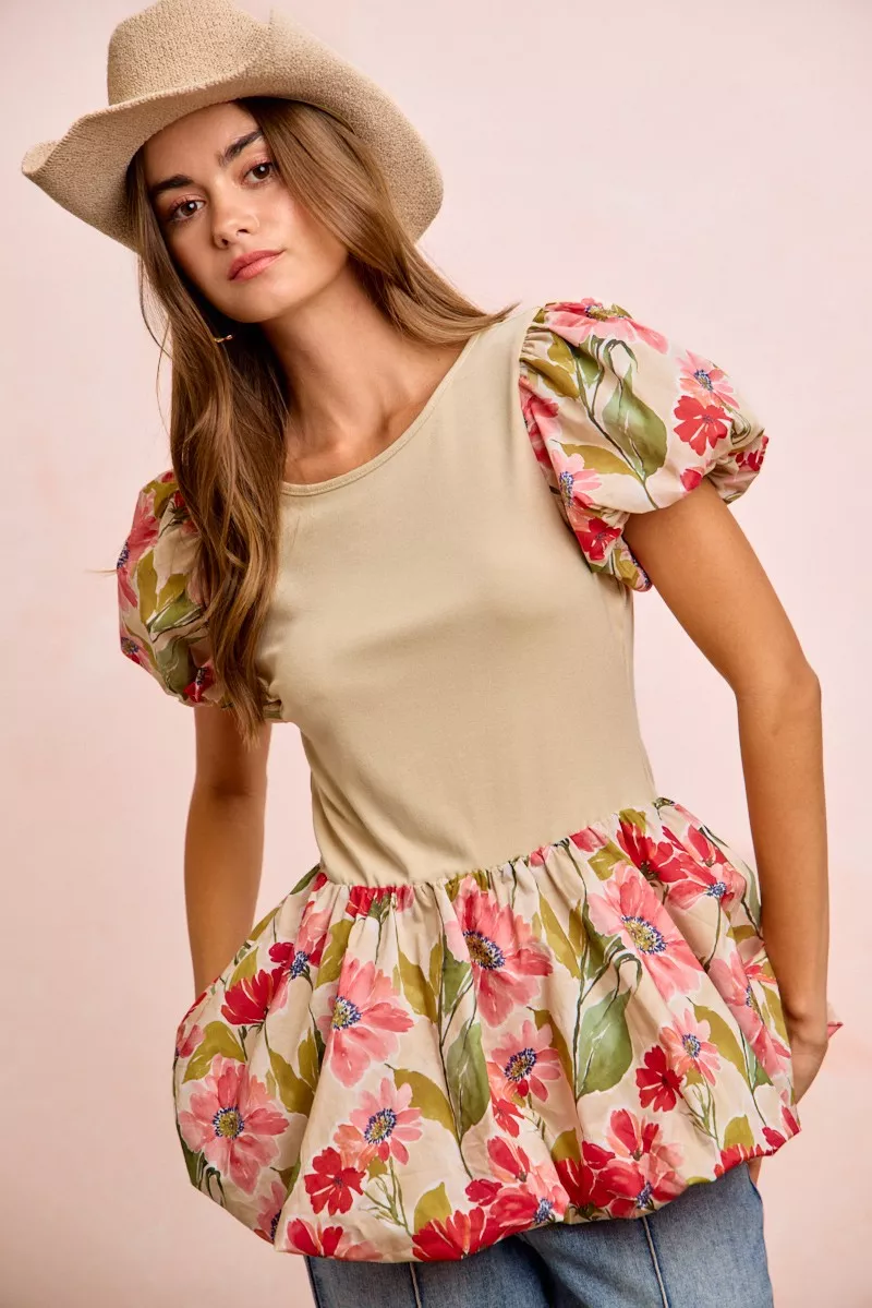Floral Printed Bubble Sleeves and Hem Peplum Top, image 8