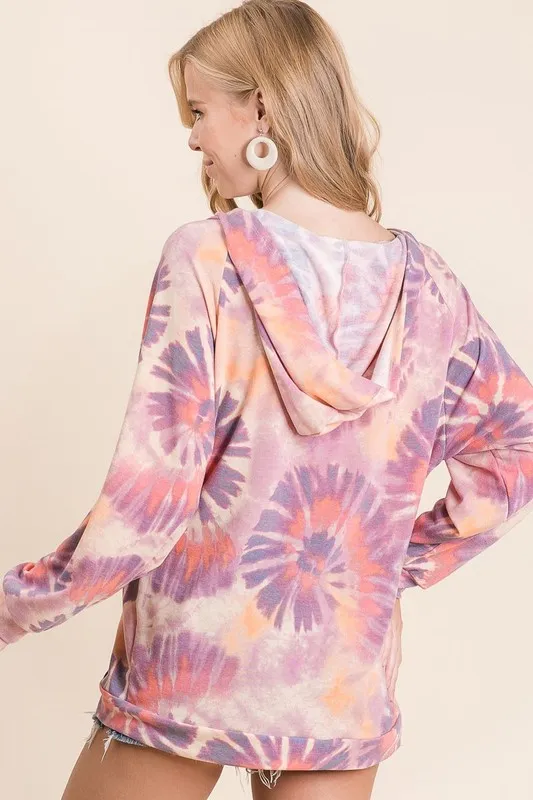 Circular Tie Dye Print Terry Hoodie with Kangaroo, image 7