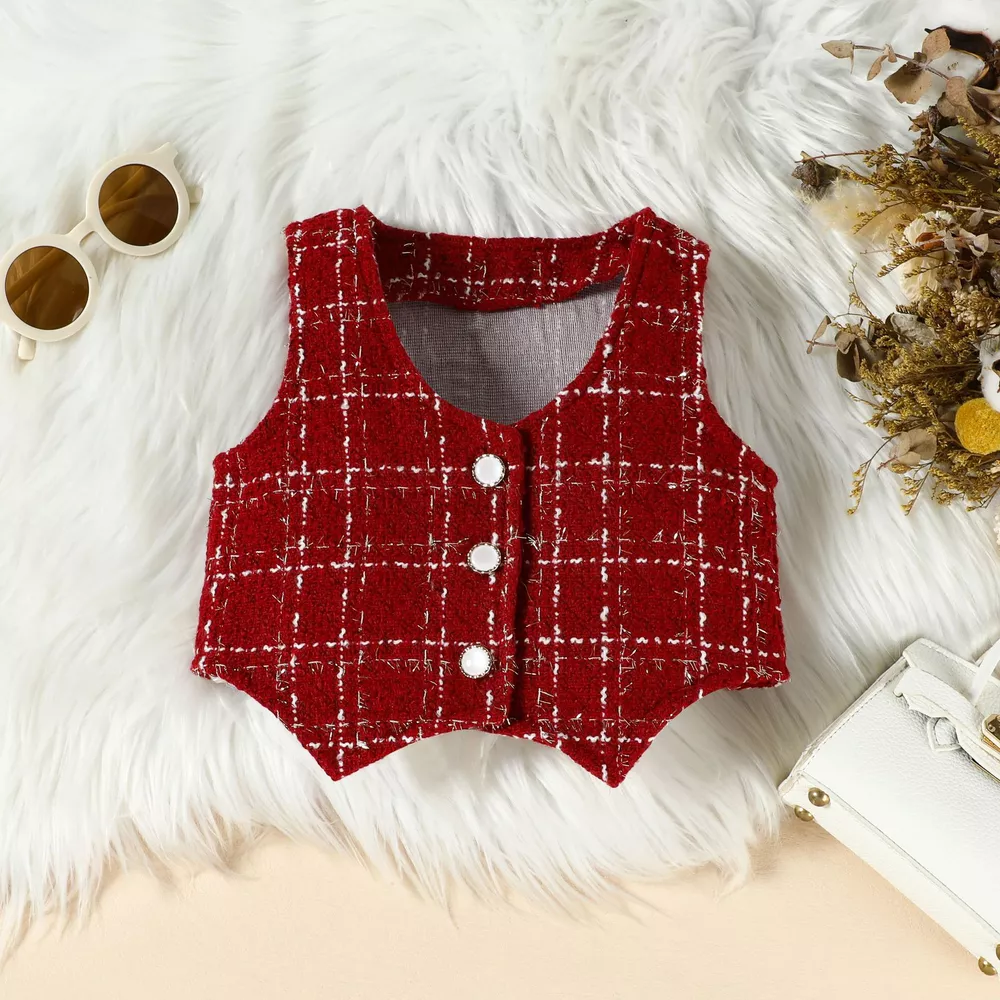 Children's Long Sleeve Top & Plaid Vest & Pleated Skirt Set, image 9