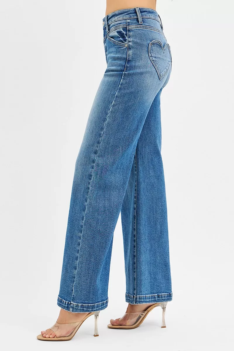 High Rise Wide Leg Jenas with Front Yoke and Heart Back Pocket, image 5