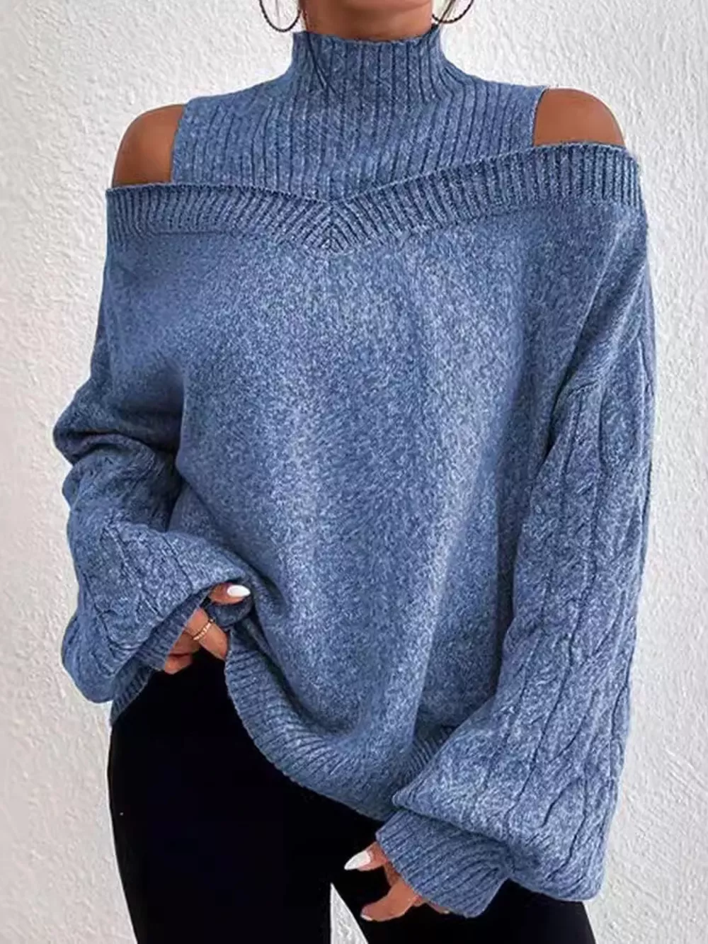 Full Size Cold Shoulder Mock Neck Cable Knit Sweater Plus Size, image 9