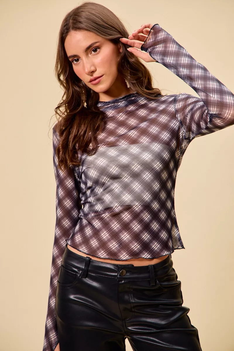 Plaid Mesh Knit Long Sleeve Top with Thumb Opening, image 5