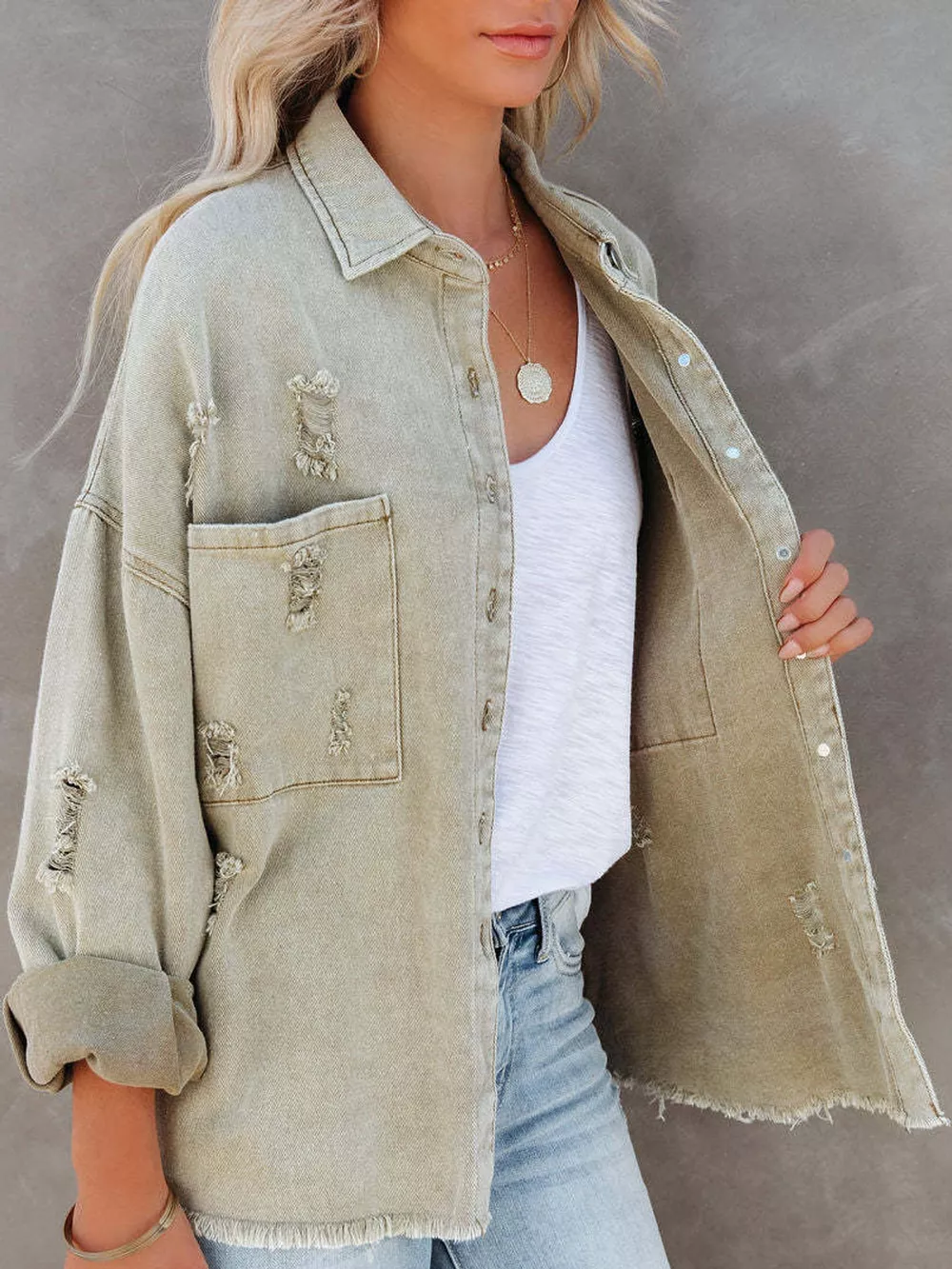 Distressed Raw Hem Denim Jacket, image 4