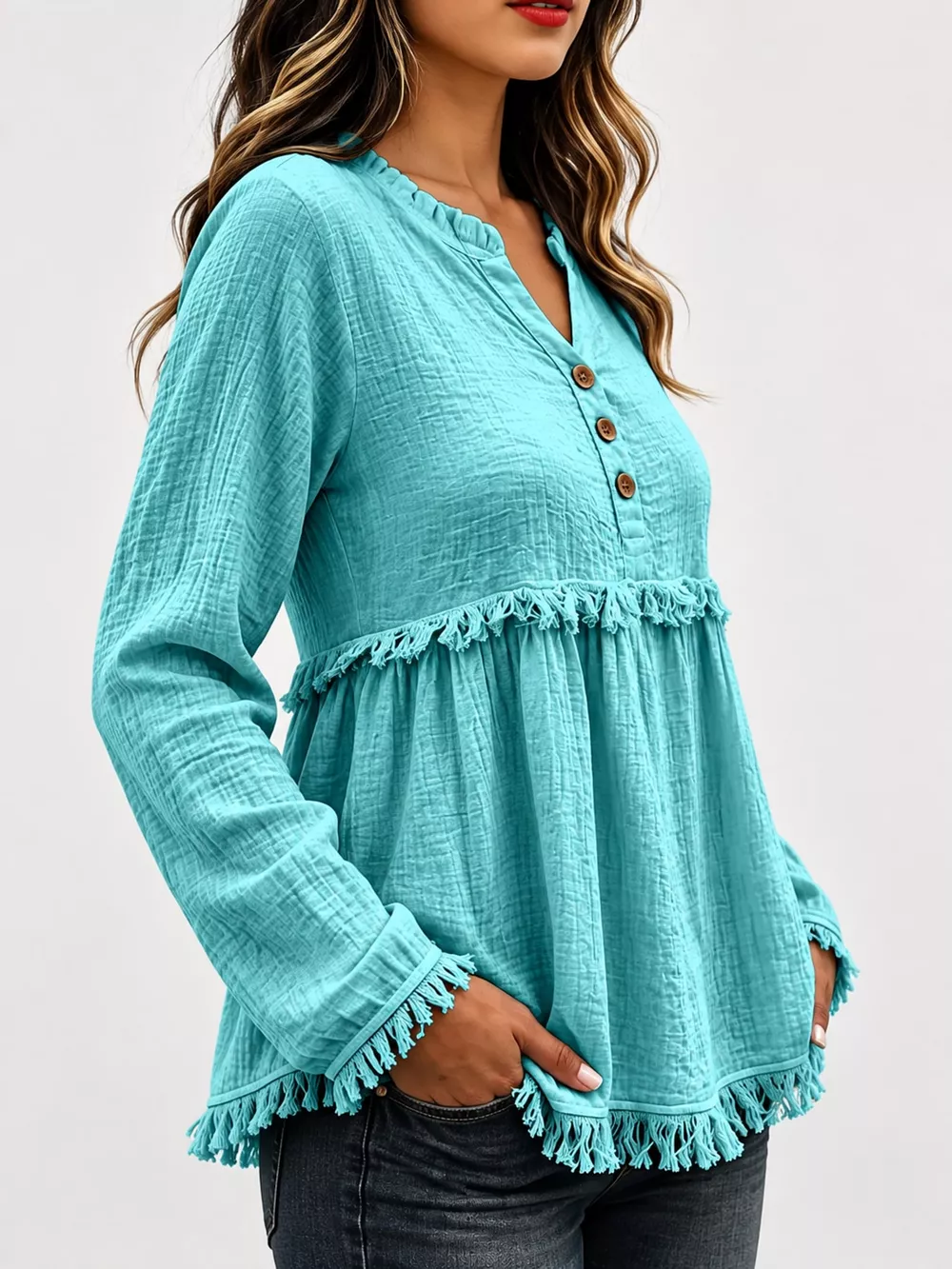 Full Size Frayed Hem Button Detail Blouse Plus Size, image 42