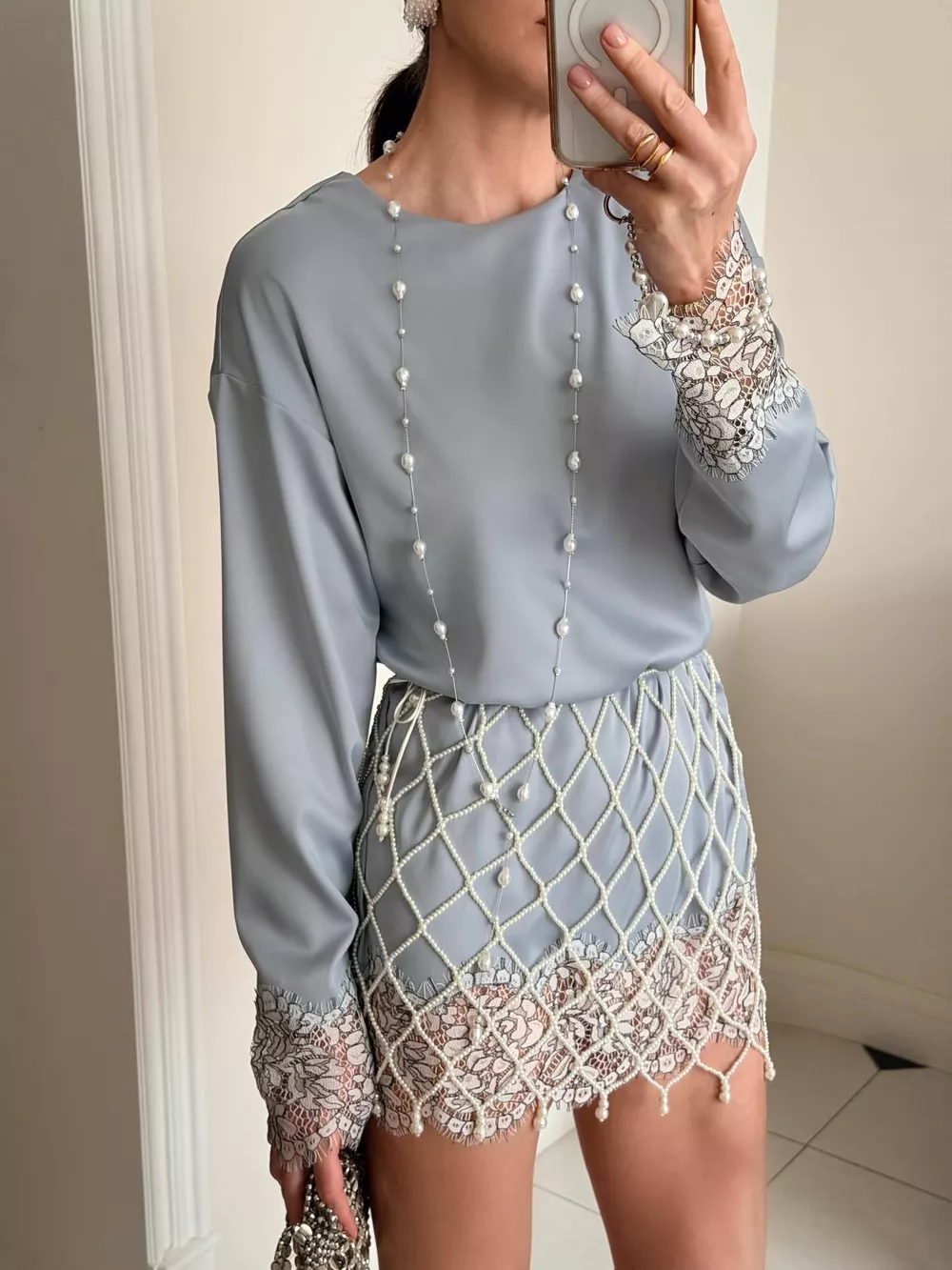Lace Hem Long Sleeve Oversized Satin Top, image 2
