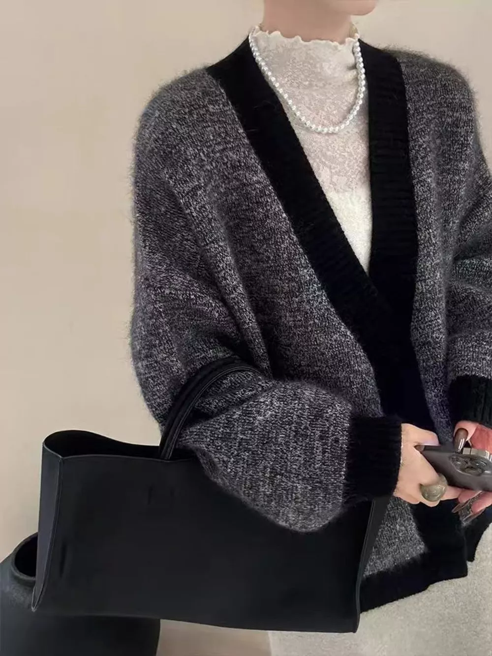 V-Neck Cardigan with Contrast Trim, image 3