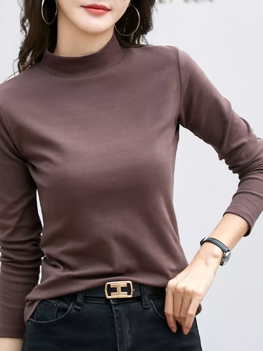 Full Size Slim-Fit Mock Neck Long Sleeve Basic T-Shirt Plus Size, image 25