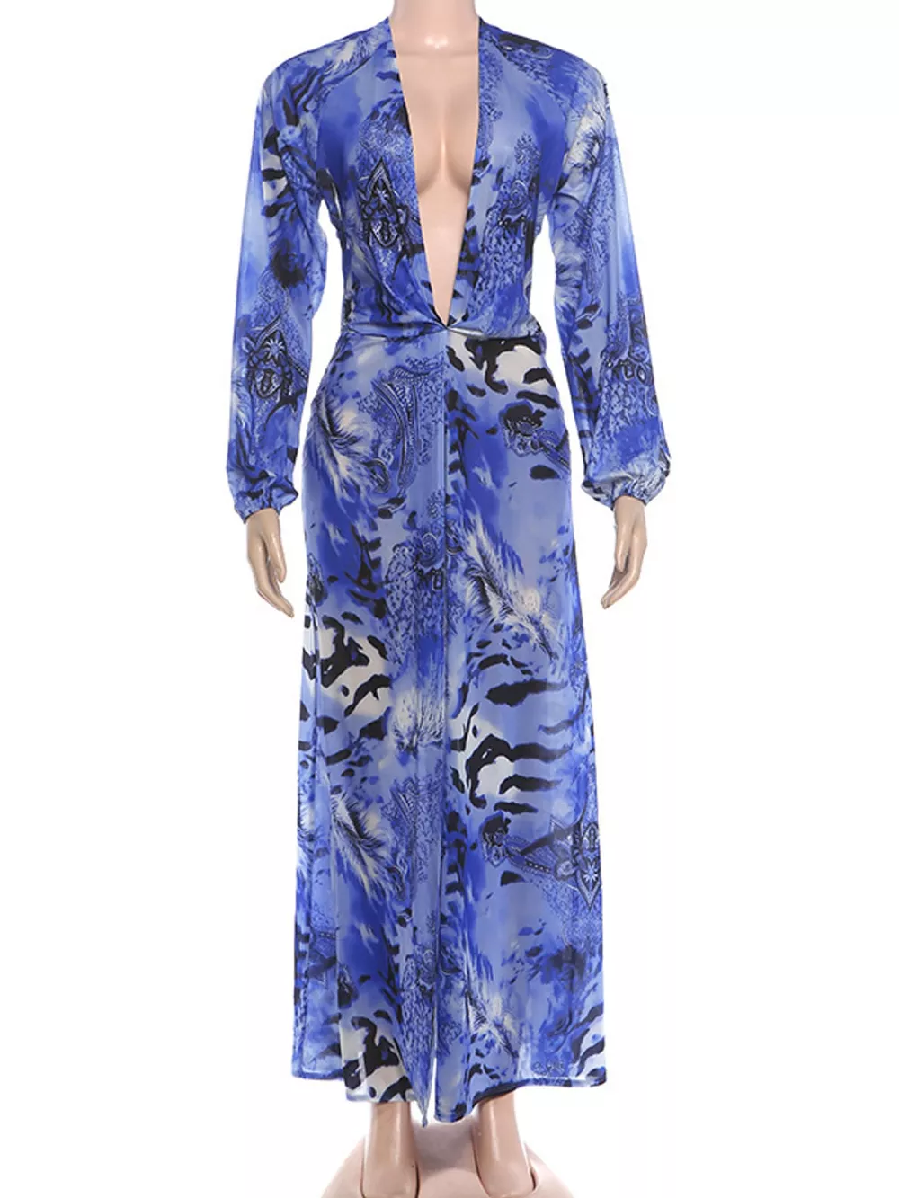 Deep V-Neck Long Sleeve Printed Maxi Dress, image 27