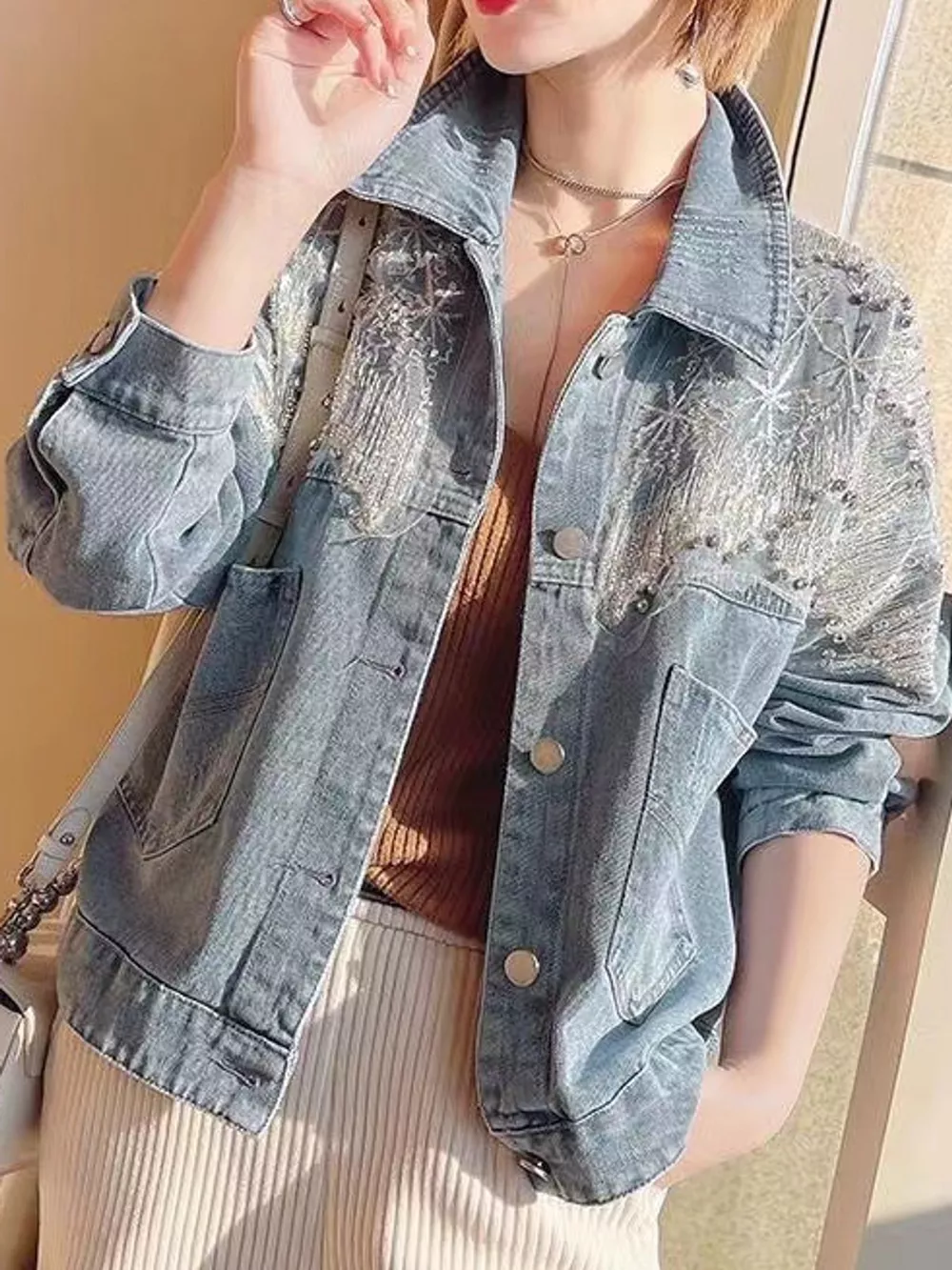 Embellished Rhinestone Snowflake Denim Jacket, image 4