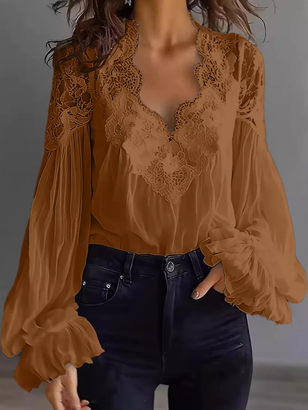 Full Size Lace V-Neck Flounce Sleeve Blouse Plus Size, image 13