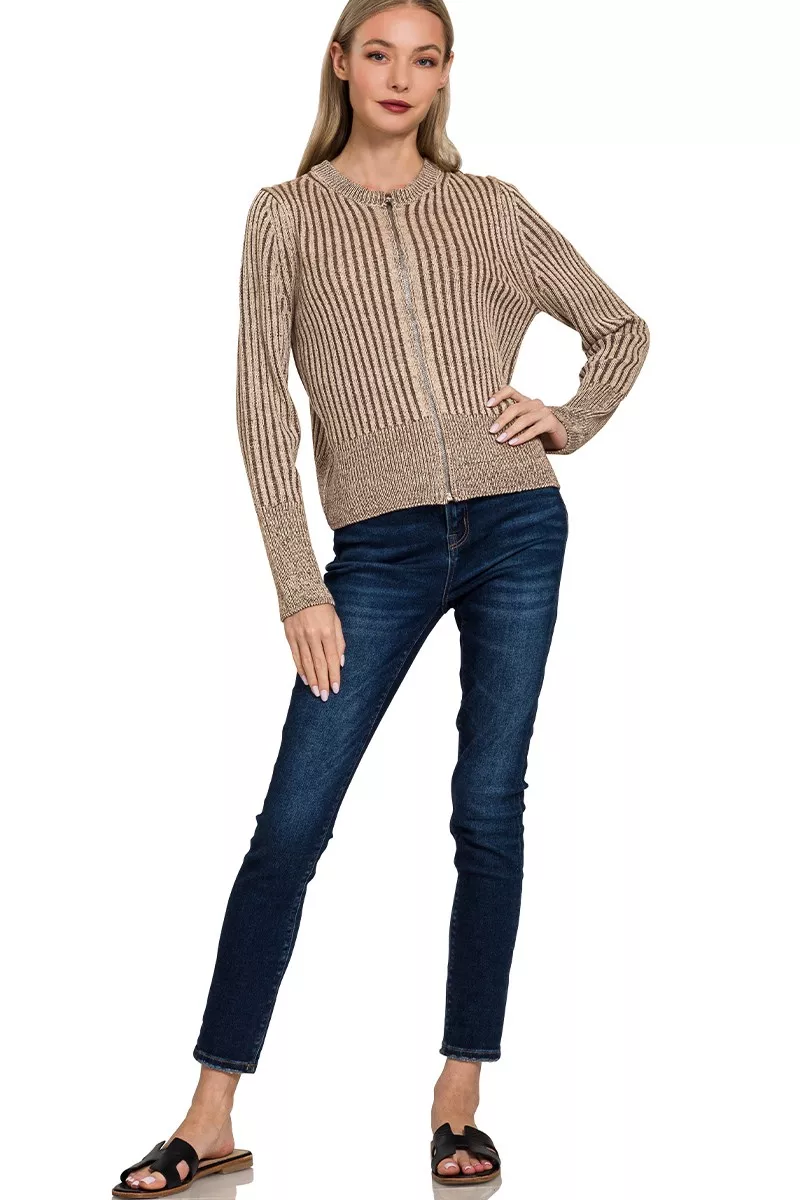 Ribbed Two Tone Zip Up Sweater Cardigan, image 3