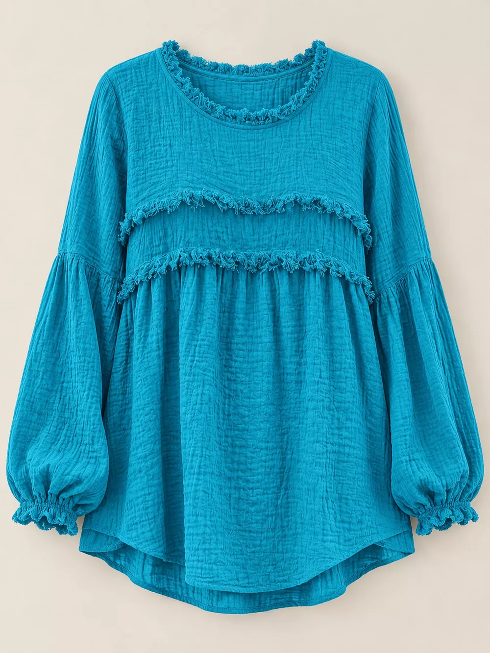 Full Size Boho Chic Textured Frayed Trim Peplum Blouse Plus Size, image 37