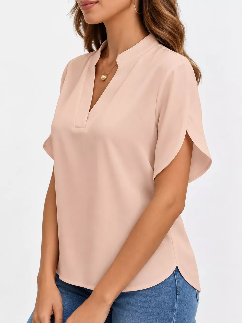 Notched Slit Short Sleeve Blouse, image 32