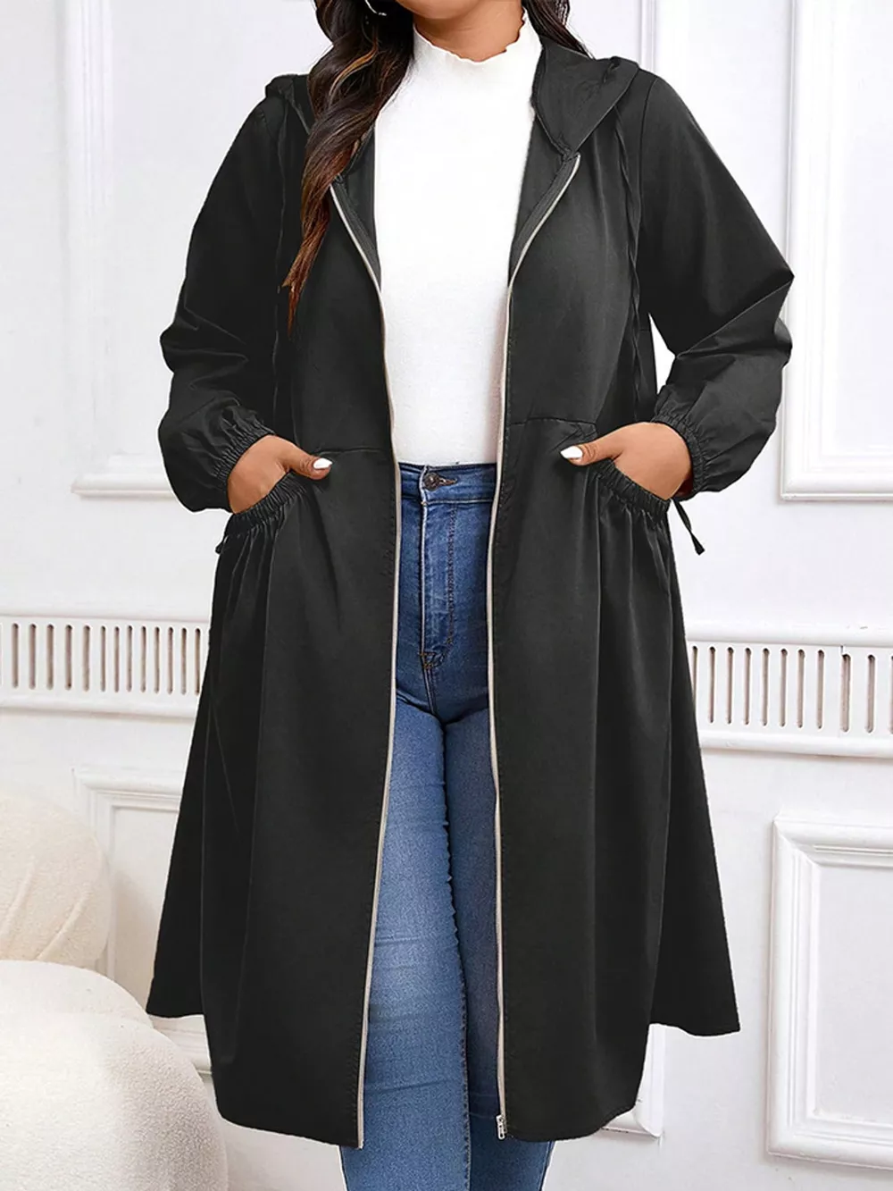 Plus Size Hooded Zip-Up Longline Windbreaker Outerwear, image 4