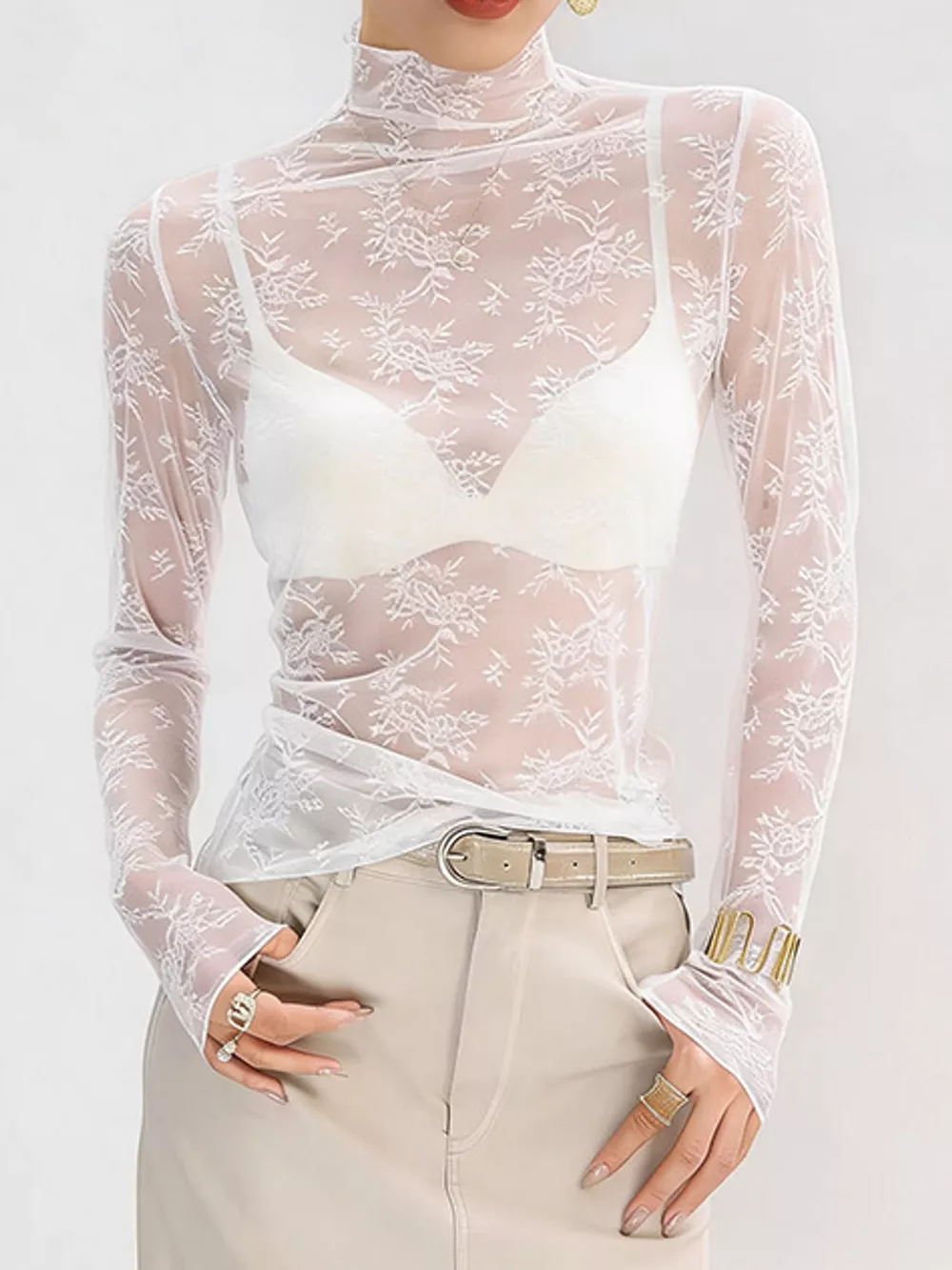 Sheer Floral Lace Mock Neck Long Sleeve Blouse