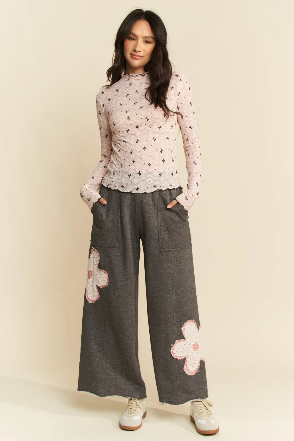 Ribbon Bow Lace Hem Long Sleeve Mesh Layering Top, image 7