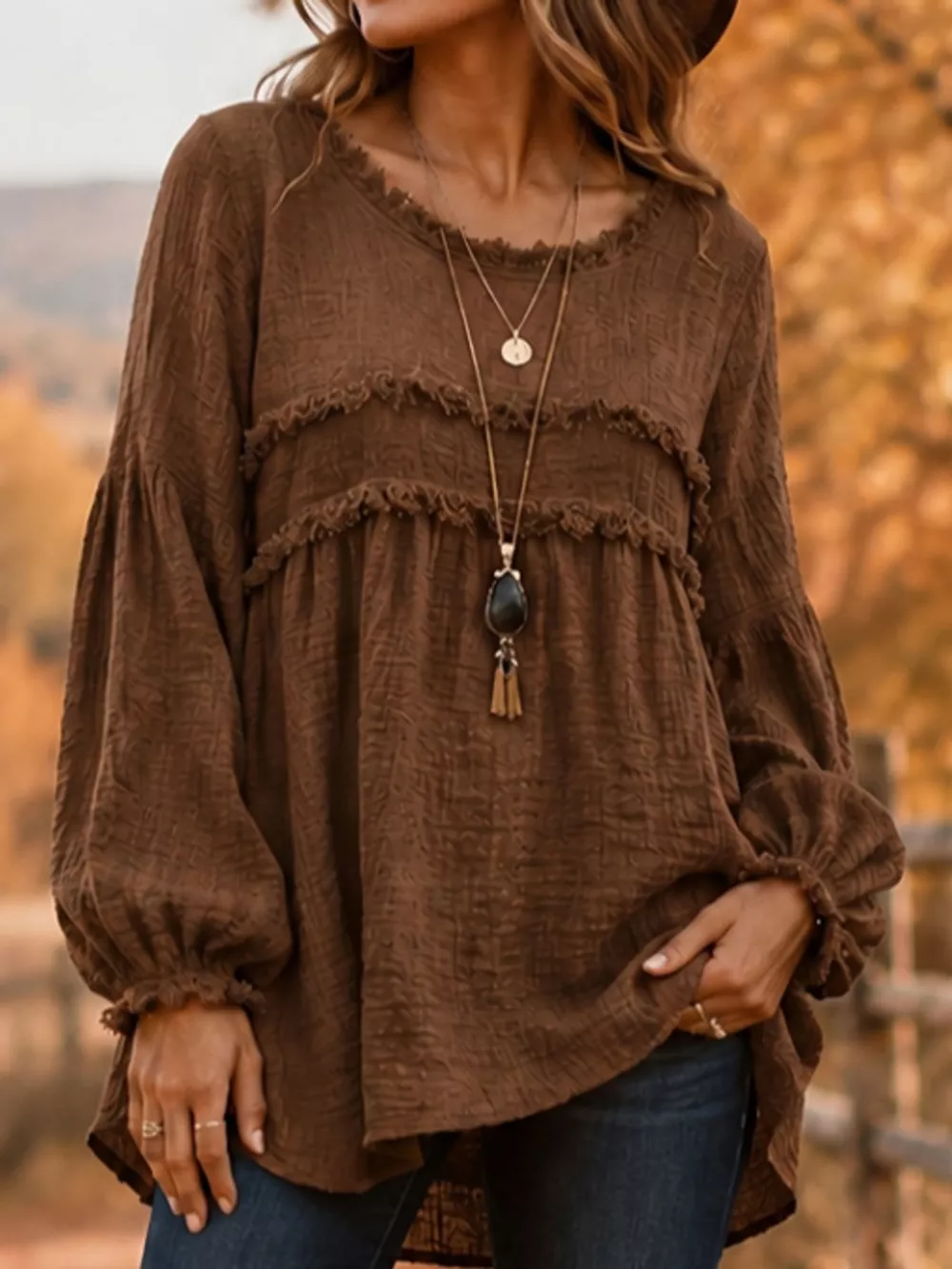 Full Size Boho Chic Textured Frayed Trim Peplum Blouse Plus Size, image 20