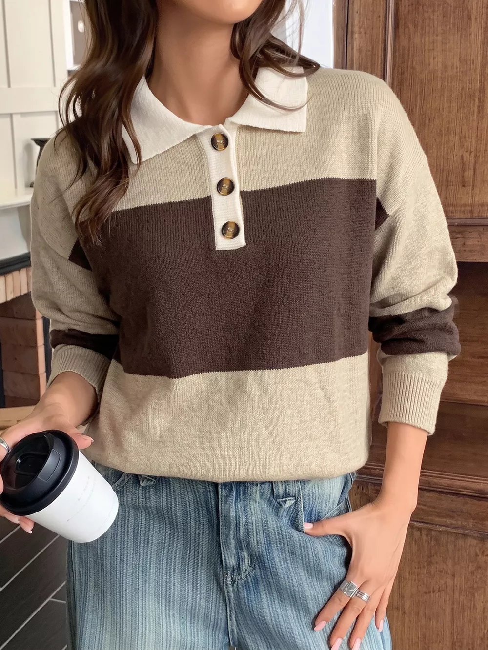 Color Block Polo Collar Sweater, image 2