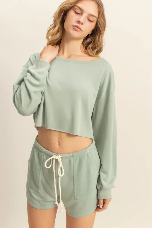 Boat Neck Long Sleeve Cropped Top