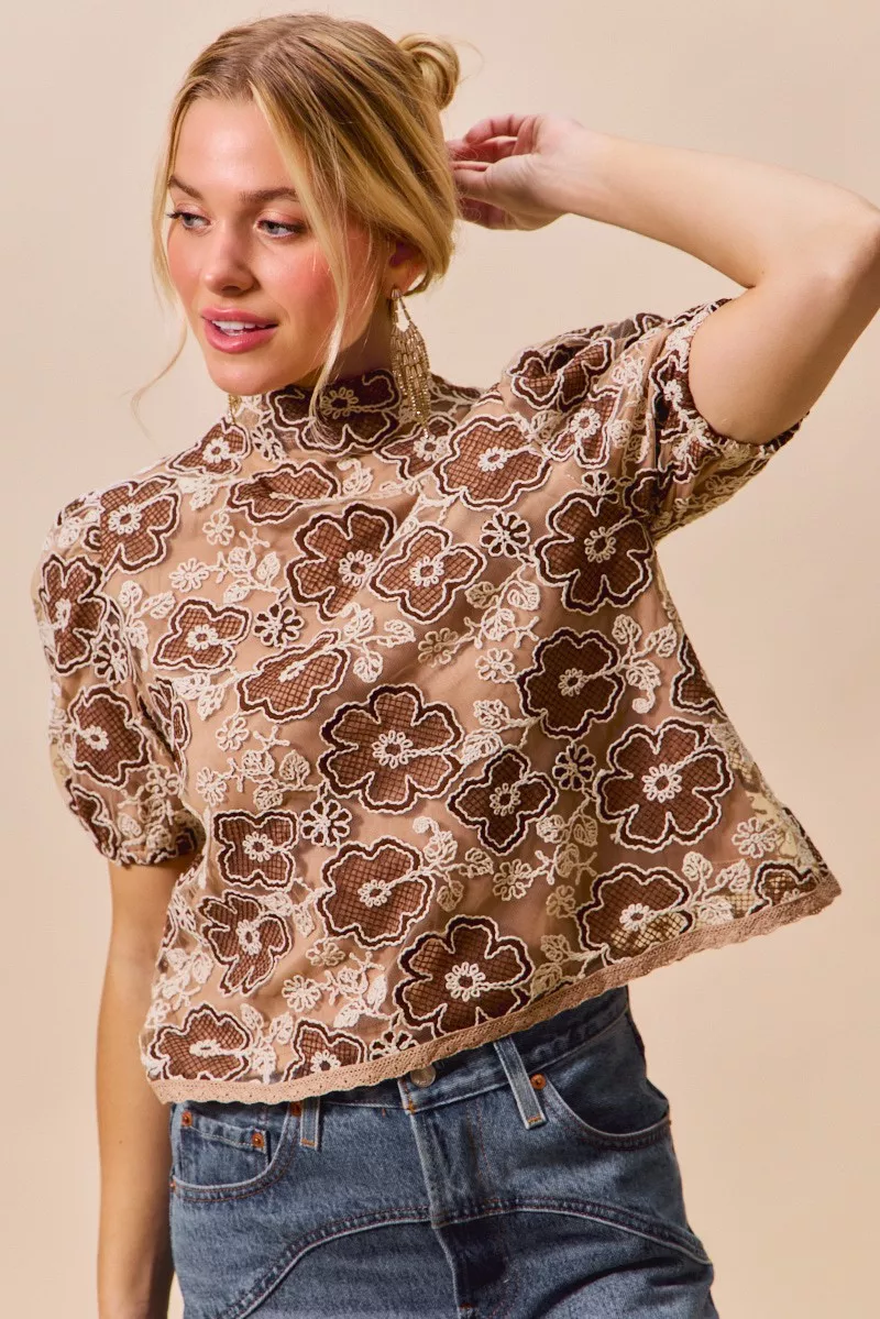 Texture Floral Mesh Top With Back Button Closure, image 8