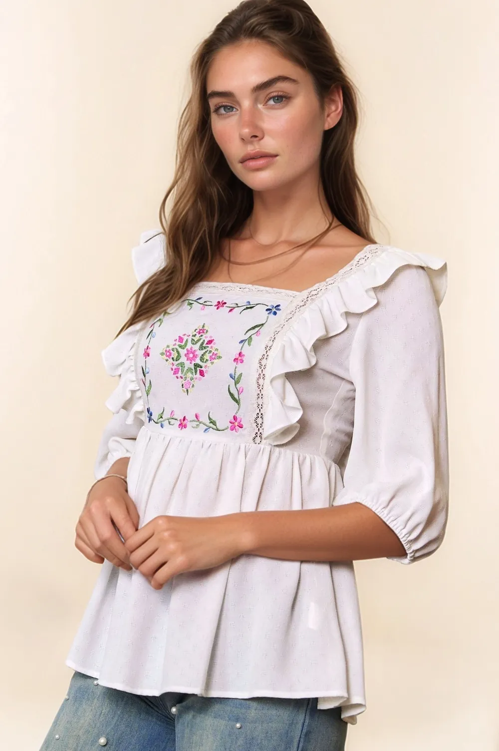 Texture Tie Back Floral Embroidery Frill Blouse, image 7