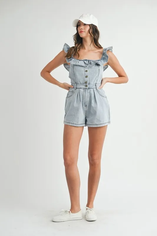 Off Shoulder Ruffle Detail Denim Romper, image 10