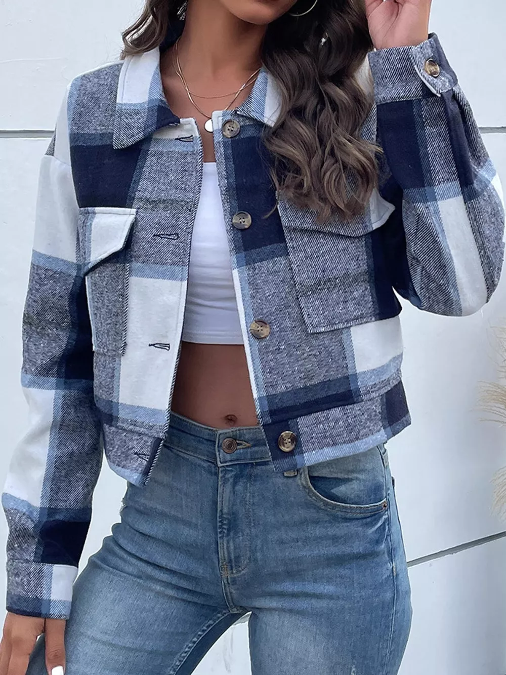 Plaid Button-Front Cropped Jacket, image 2