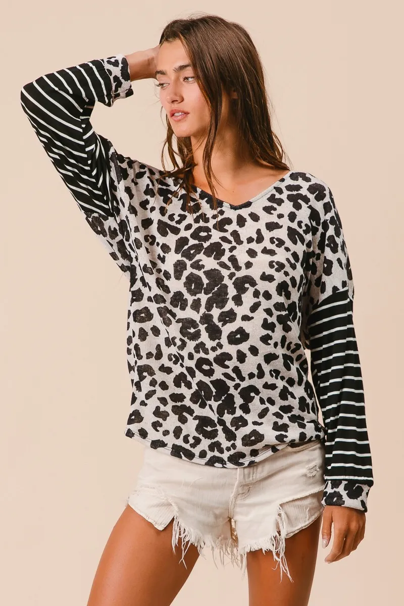 Leopard Hacci Knit Twist Back Top With Stripe Sleeve, image 2