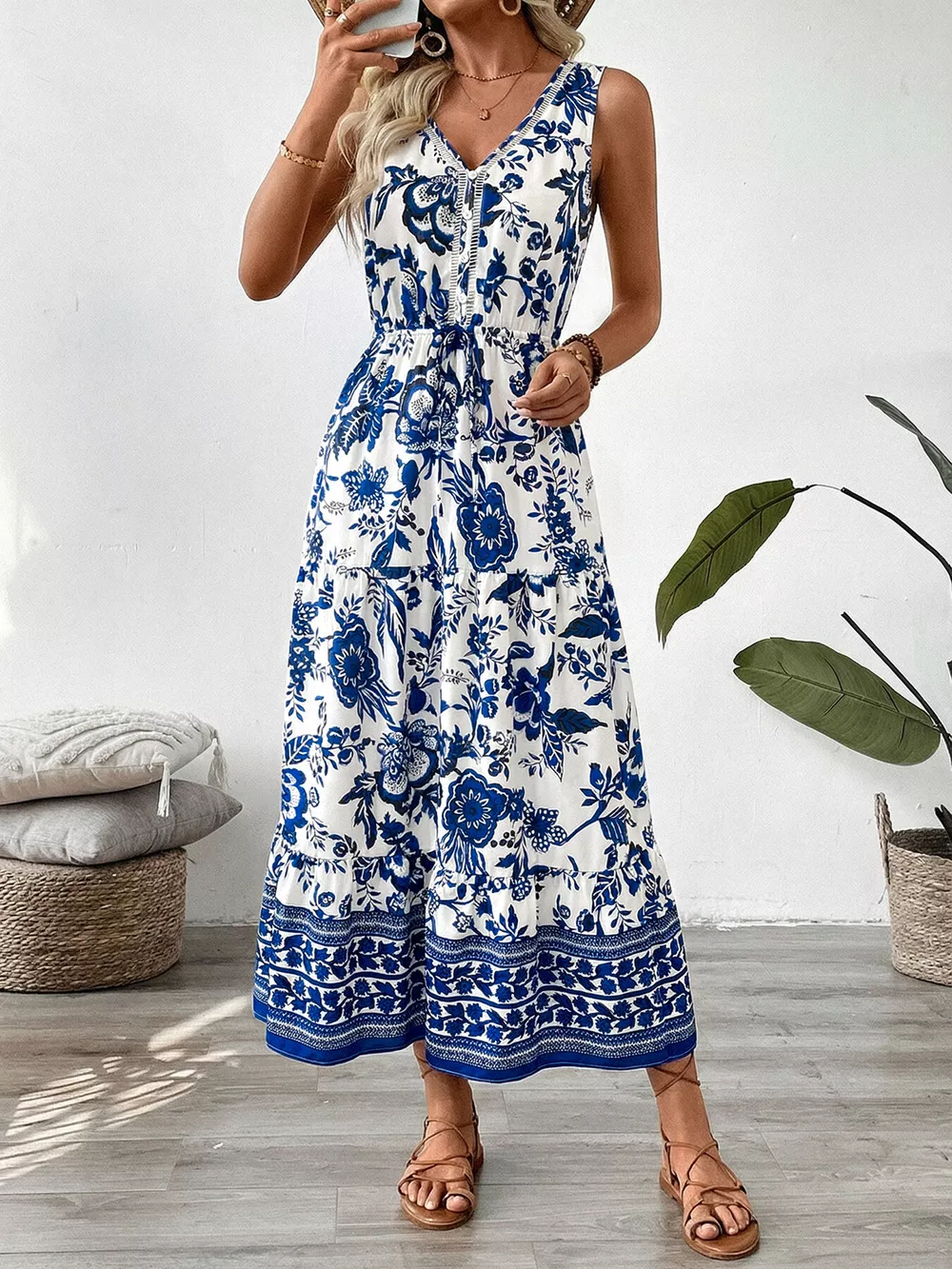 Floral Print Sleeveless V-neck Midi Dress, image 10