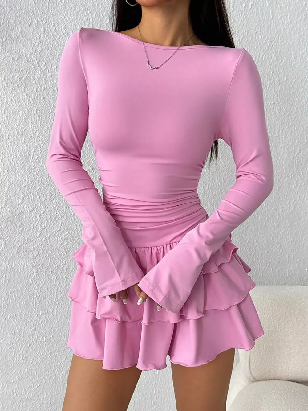 Layered Ruffle Long Sleeve Mini Dress, image 26