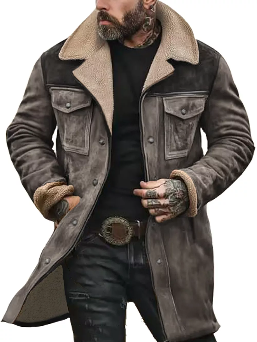 Men's Full Size Vintage Shearling Lined Longline Coat Plus Size