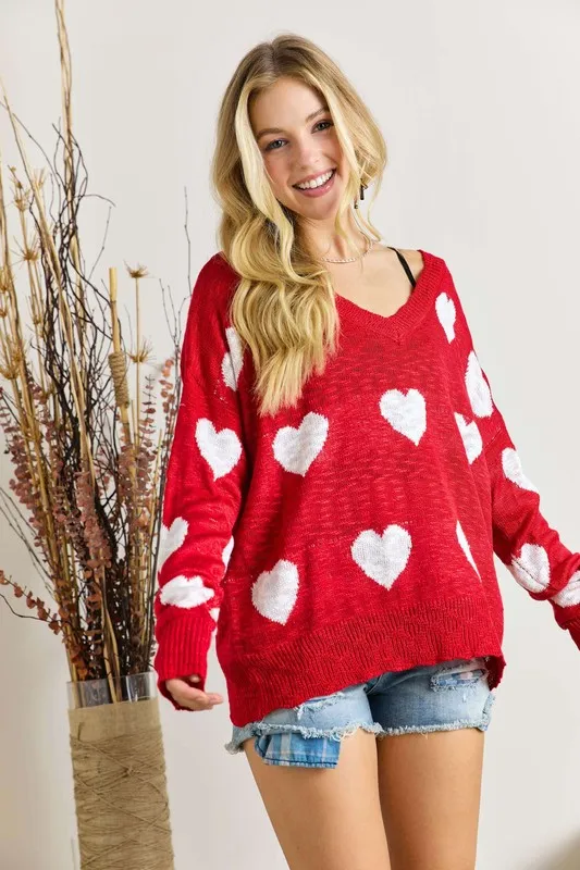 Full Size Heart V-Neck Knit Top Plus Size, image 3