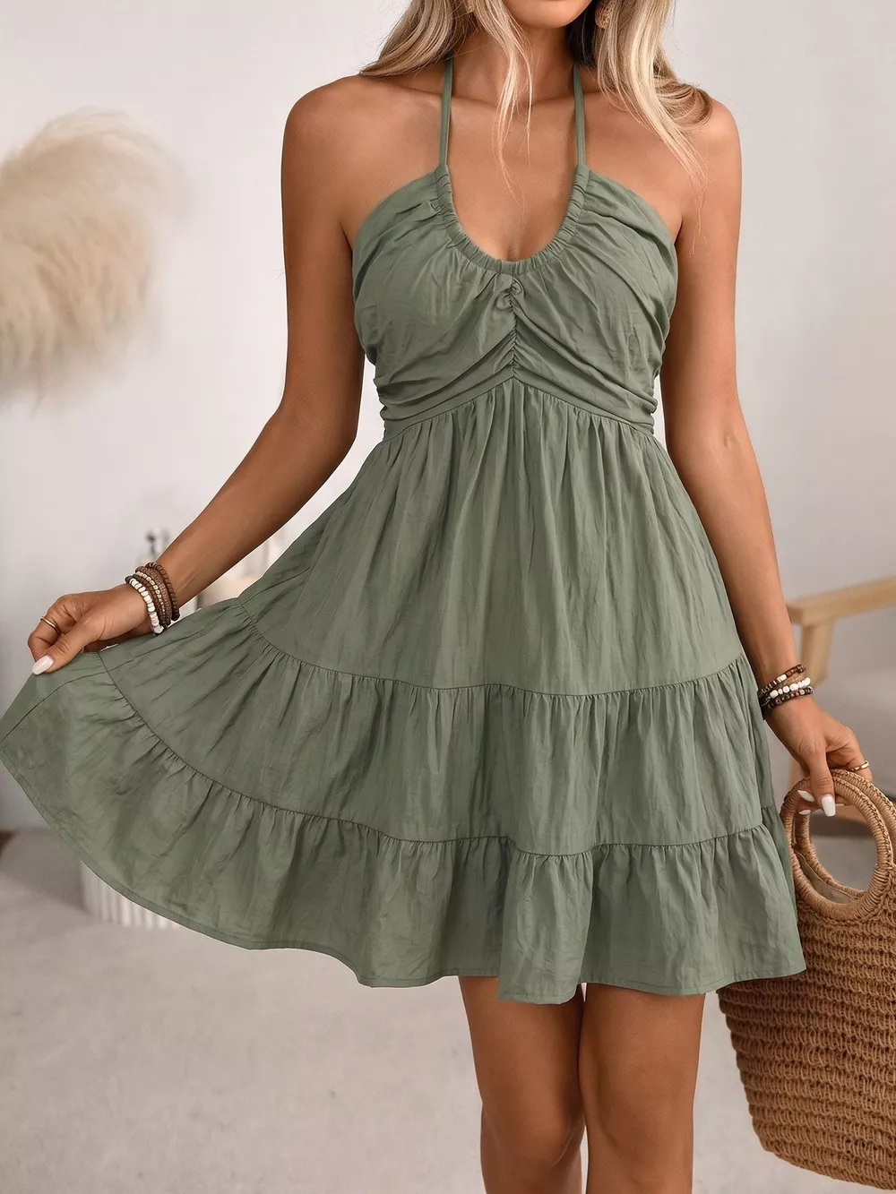 Casual Halter Neck Tiered Mini Dress, image 2