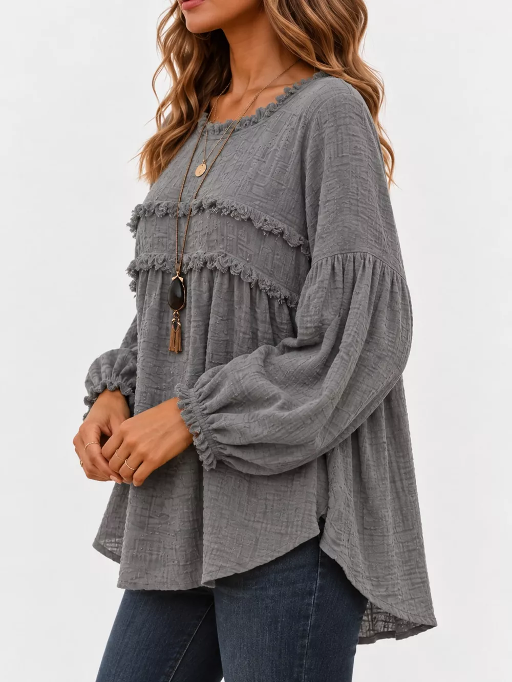 Full Size Boho Chic Textured Frayed Trim Peplum Blouse Plus Size, image 2