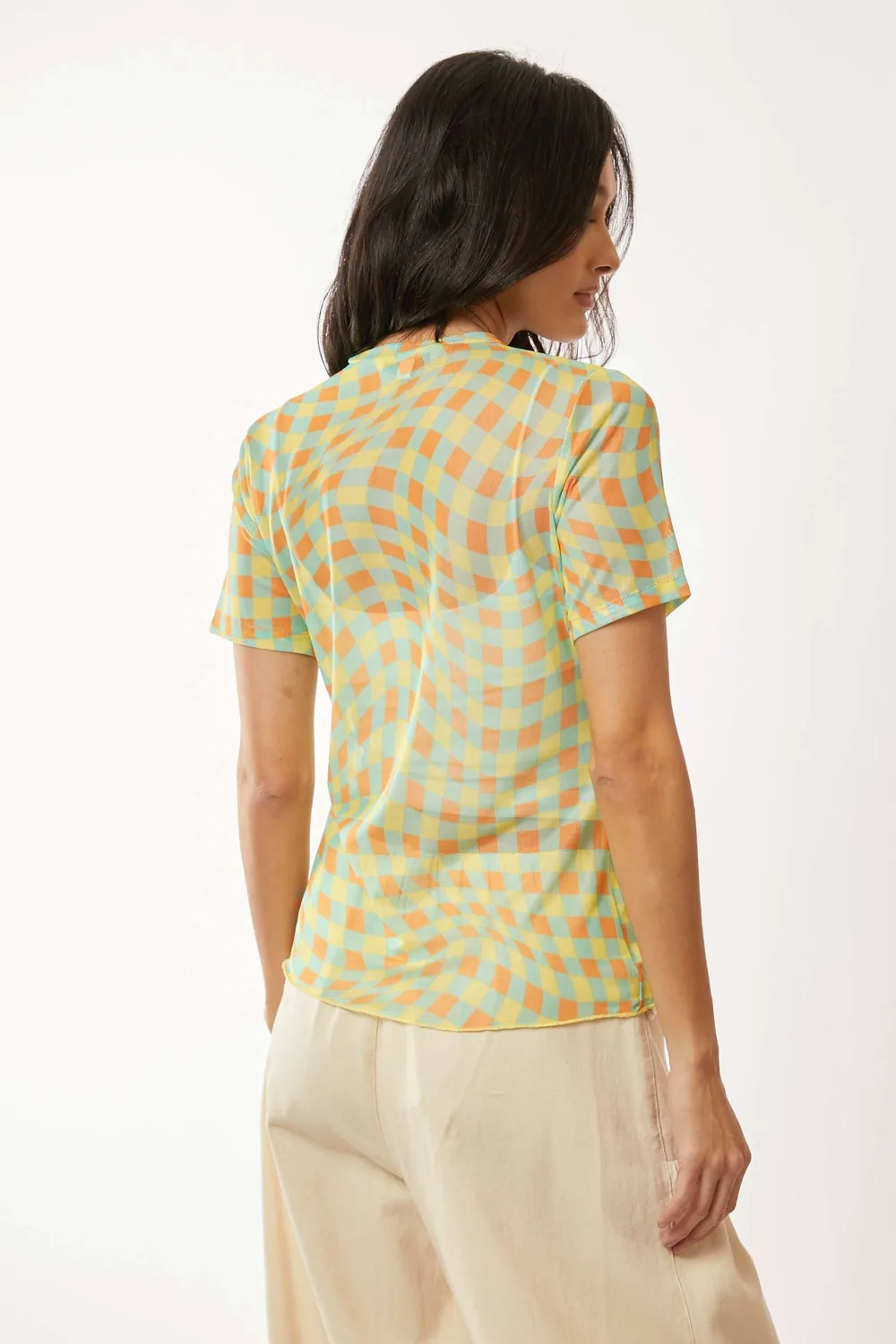 Checker Board Printed Mesh Short Sleeve Top, image 3