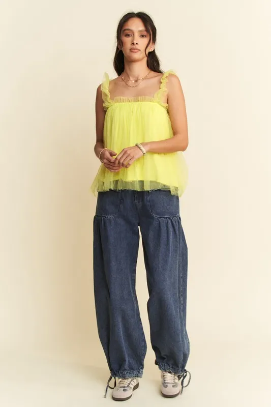 Shirred Ruffle Strap Tulle Babydoll Top, image 4