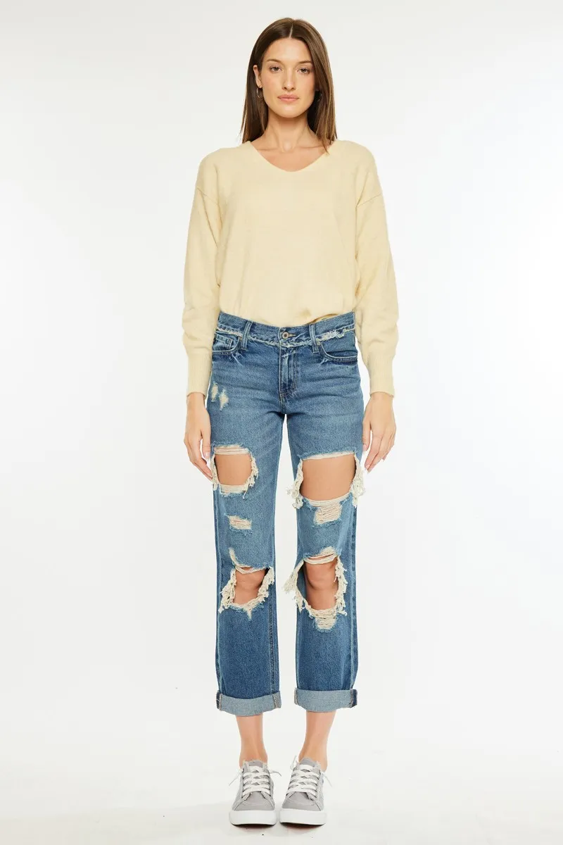 Distressed Mid Rise True Boyfriend Jeans, image 2