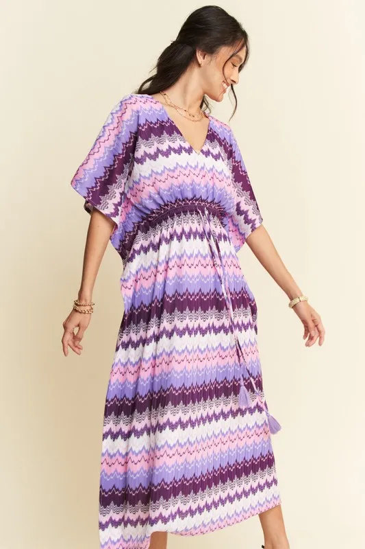 Multi Color Wavy Tie Waist Flowy Sleeve Dress, image 7