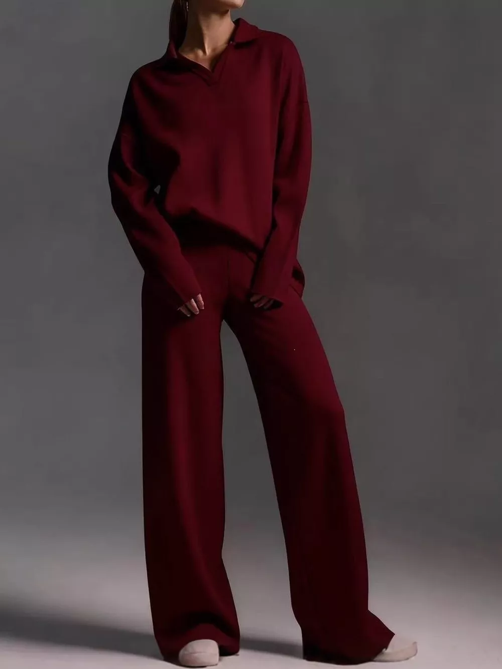 Polo Collar Top and Wide-Leg Pants Set, image 41