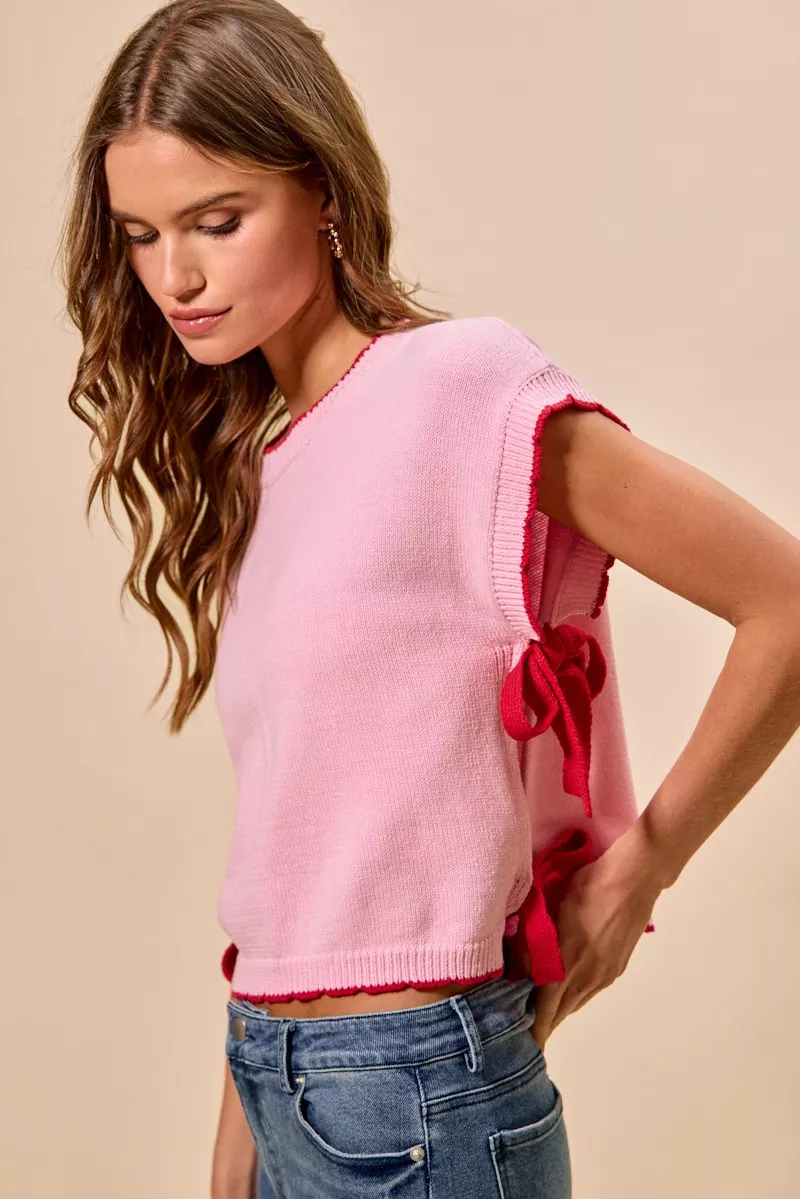 Lightweight Sweater Dolman Side Ribbon Tie Top, image 2