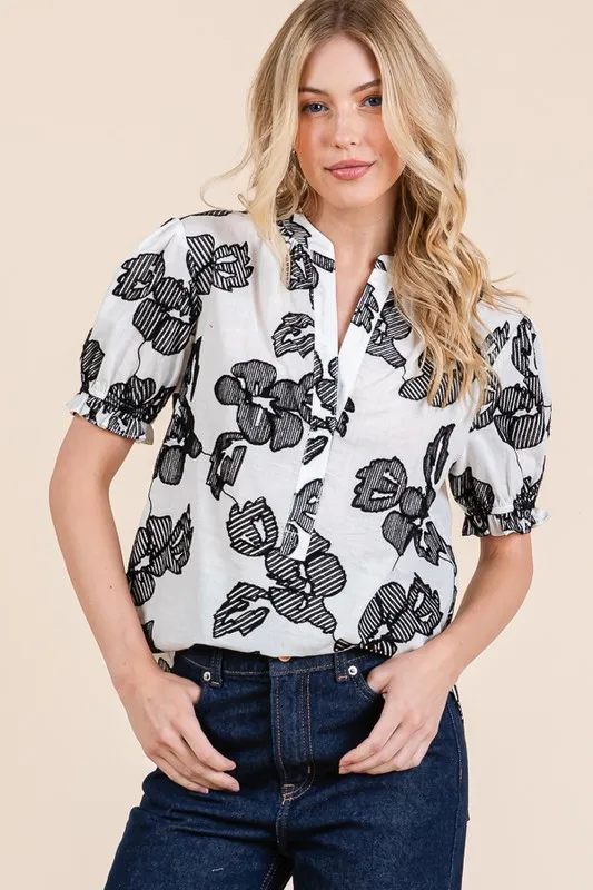 Embroidered Split Neck Puff Sleeve Blouse, image 8