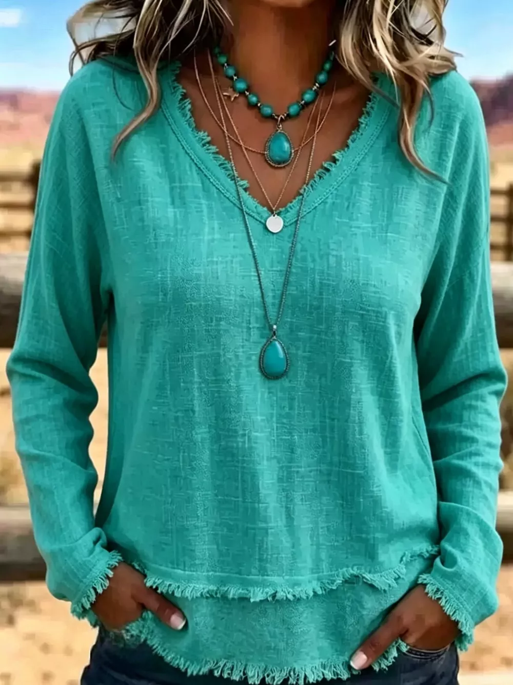 Full Size Frayed Hem V-Neck Long Sleeve Blouse Plus Size, image 41