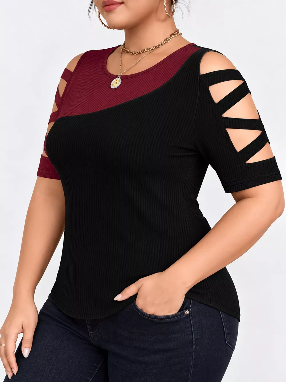 Plus Size Color Block Cutout Sleeve T-Shirt, image 10