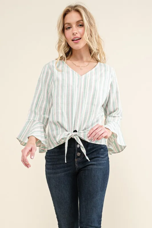 Stripe Tie Knot Front Bell Sleeve Top
