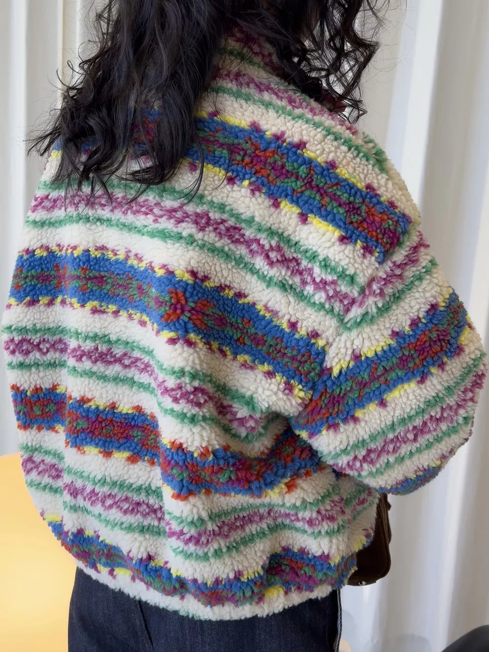 Colorful Patterned Sherpa Zip-Up Jacket, image 3