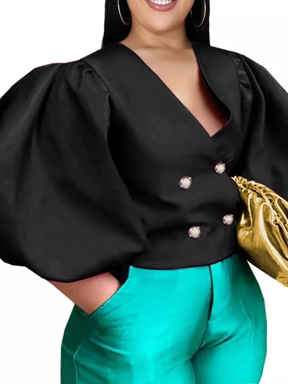 Full Size Double-Breasted Puff Sleeve Blouse Plus Size, image 13