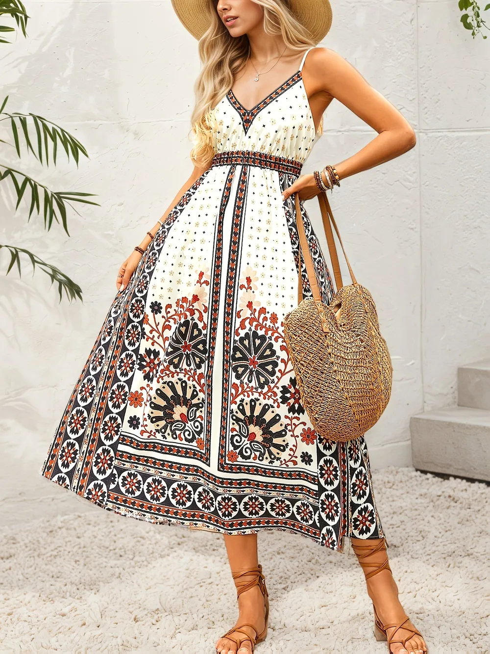 Printed V-Neck Midi Cami Dress