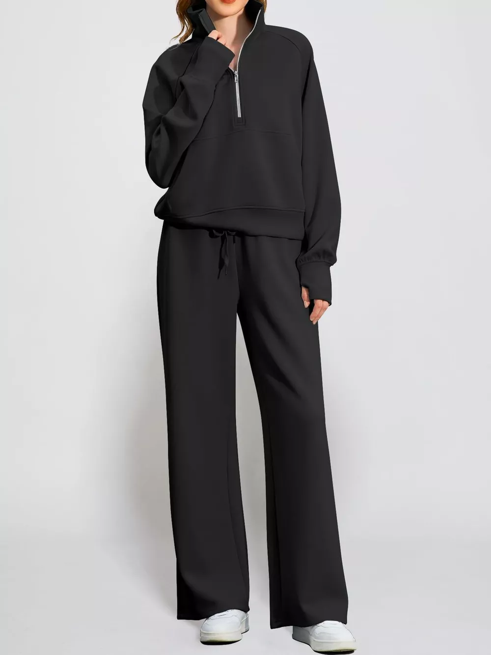 Half-Zip Sweatshirt and Wide-Leg Pants Set, image 2